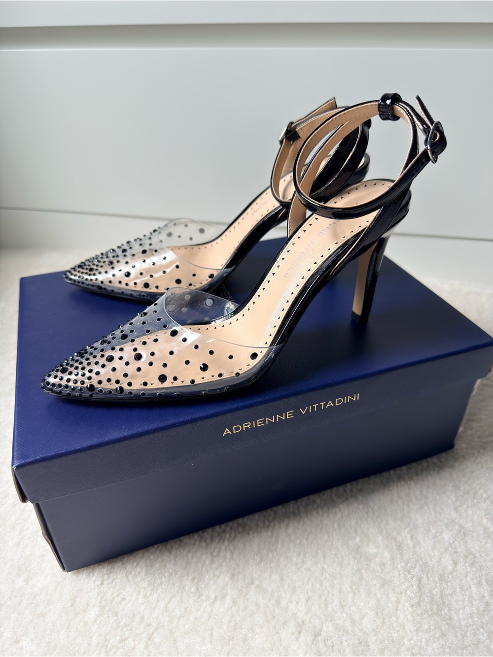 Adrienne Vittadini Black Clear Pointed Toe Ankle Strap Pumps with Stud Accents